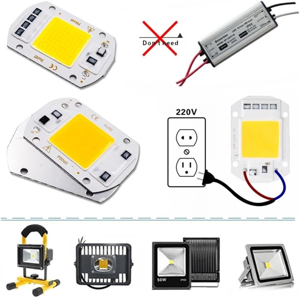 RZL Lighting Pack of 10 COB LED Chip Lamp AC220V 10W/20W/30W/50W Smart IC No Driver Need Chip Lamp for Outdoor with DIY Flood Light(Cold White,10W)