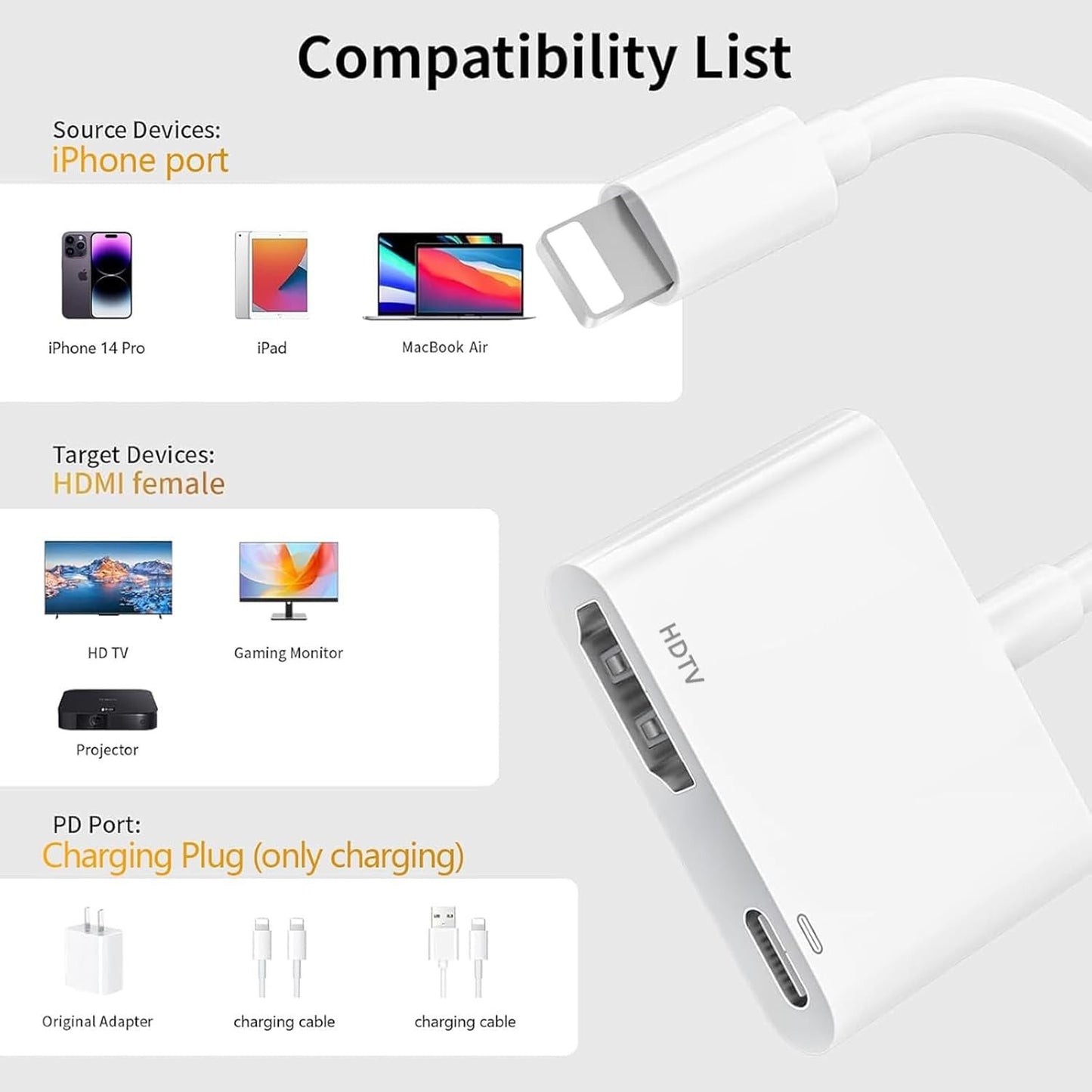 HDMI Adapter for iPhone, A-pple to HDMI Adapter, 1080P HD Apple to Digital AV A-dapter, iPad to HDM-I A-dapter for TV, Charging and Reading Simultaneously