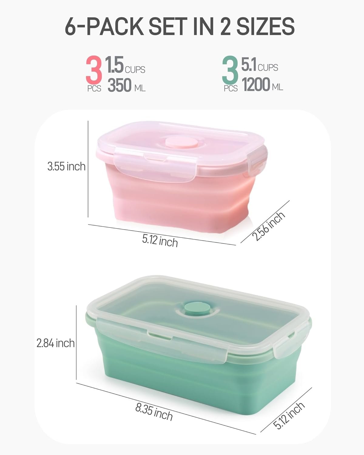 Collapsible Silicone Food Storage Containers with Lids, 6 Pack Reusable Collapsible Bowls, Silicone Lunch Box Set Food Containers for Meal Prep, Travel, Camping & Leftovers