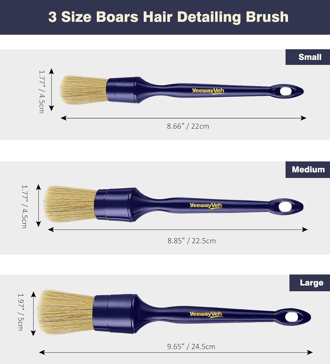 Car Detailing Brush Set, 3 Pack Ultra Soft Boars Hair Detailing Brushes for Leather Seat Air Vents Engine Bay, Auto Detail Brushes Car Detailing for Interior Exterior, Indigo