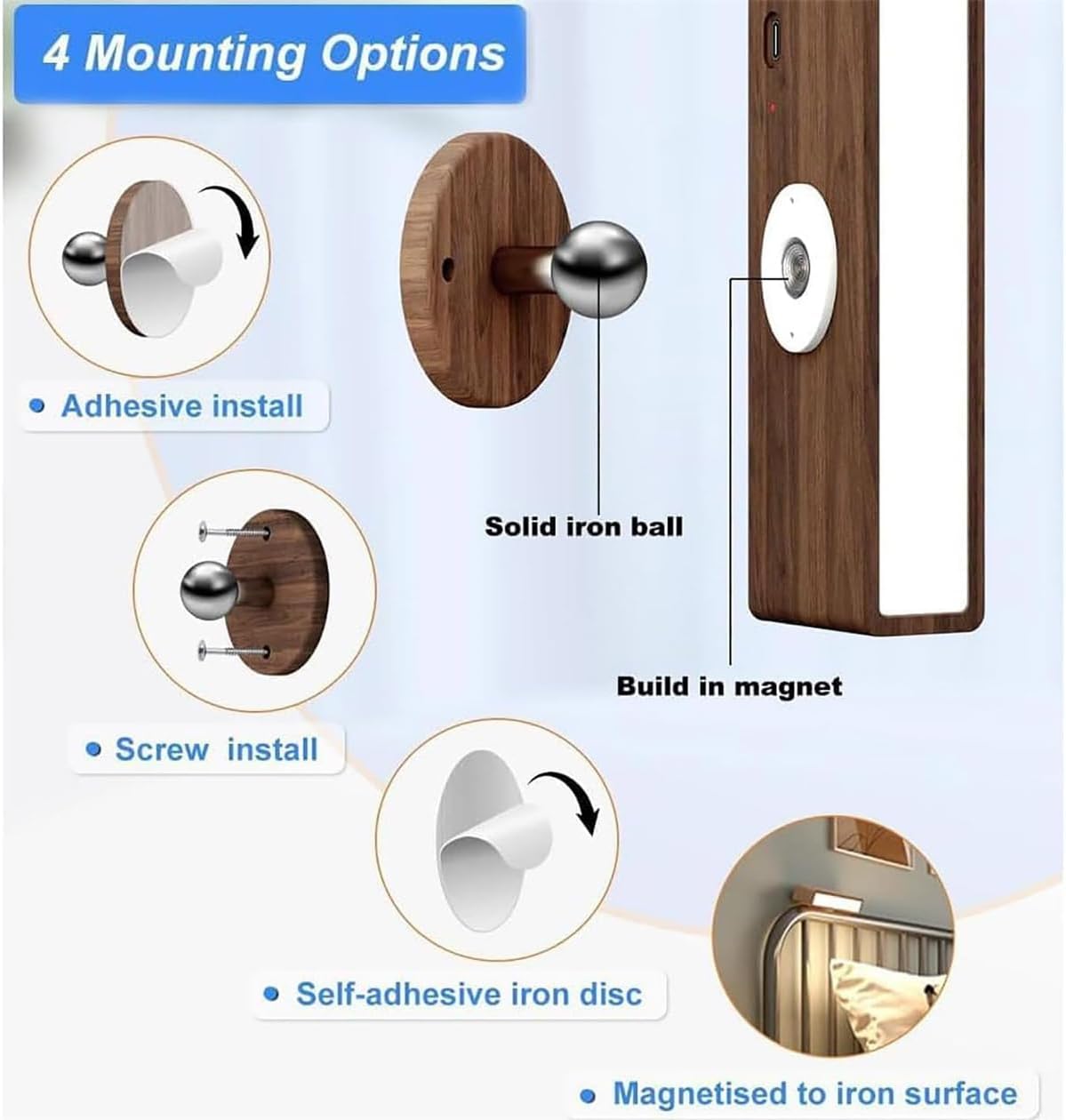 Generico 360 Rotation LED Wood Wall Lamps,Battery Operated Touch Control Wood Wall Sconces,Wireless Dimmable Wall Light,Magnetic Rechargeable Reading Light with 3 Color Temperature for Living Bedroom