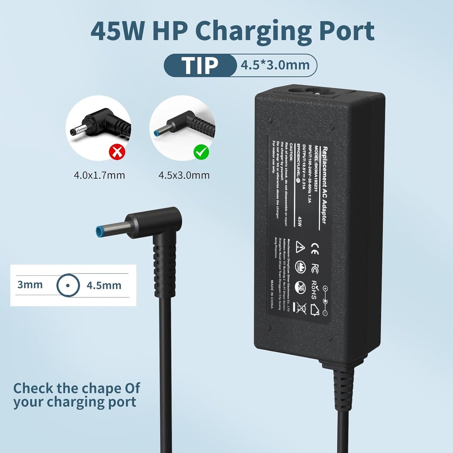 45W Charger for HP Laptop with Smart Blue Tip-Compatible with HP Stream 11 13 14 Pavilion x360 11 13 15 17 Elitebook/ProBook 430 440 450 G3 G4 G5 G6 G7 Envy/Spectre X360 13 15 Notebook Power Supply