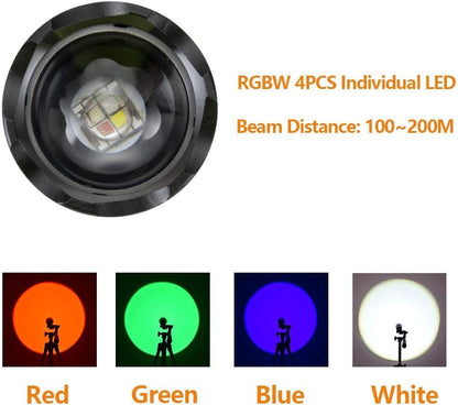 Alonefire X004 Multicolor 4 Color Changing LED Tactical Flashlight Rechargeable Red Green Blue White RGB Light Waterproof Zoomable with Battery, Charger for Camping Hiking Fishing Hunting Tracking