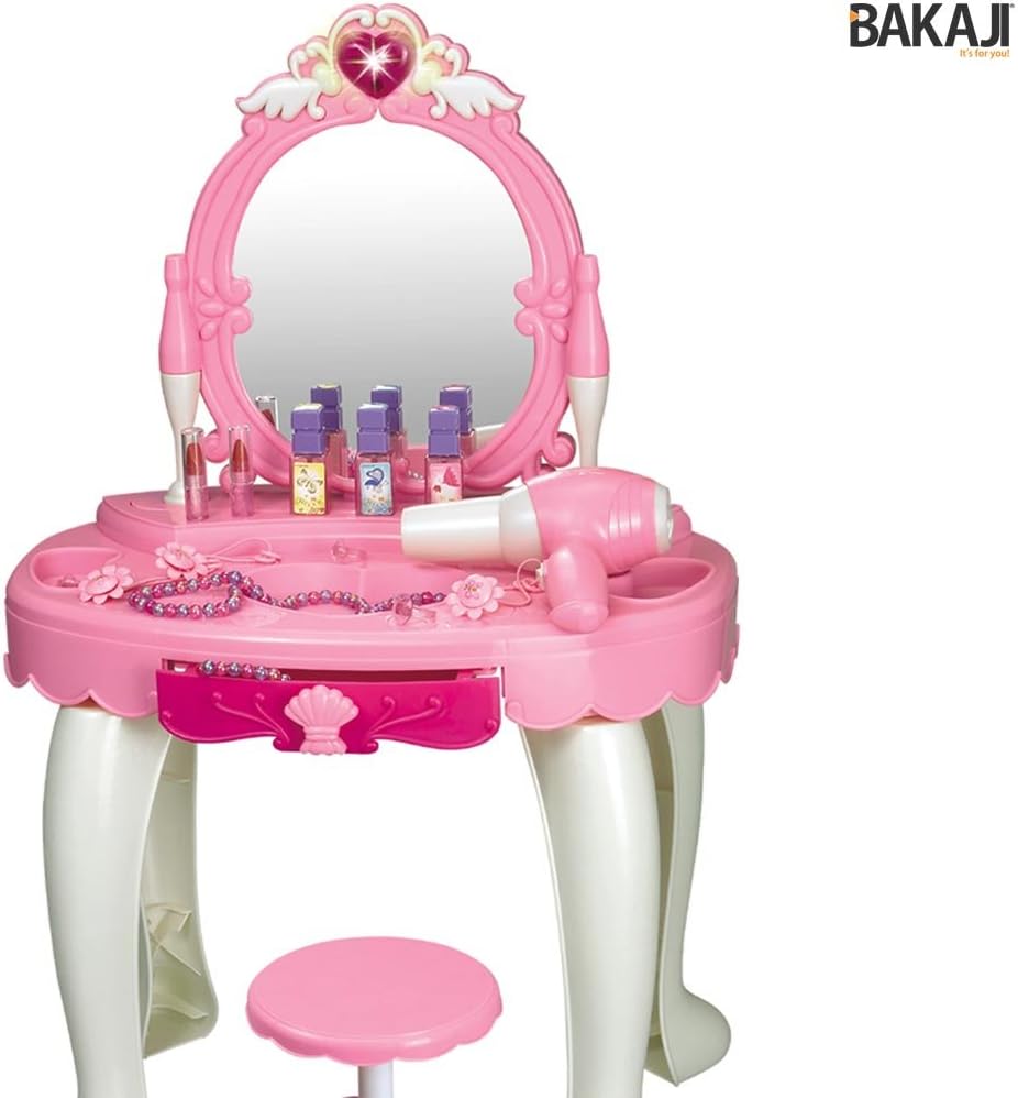 BAKAJI Make-Up Table Mirror Toy for Children Dressing Table with Stool Lights Sounds Hair Dryer Battery Operated and Game Accessories Size 45 x 32 x 72 cm
