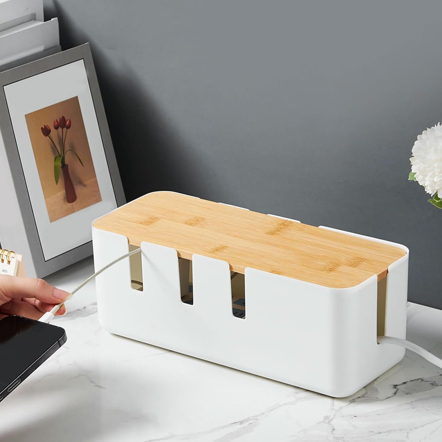Cable Box Organizer | Wire Management Box,with Wooden Cover Cord Case for USB Hub System Power Strip Living Room Workstation Home TV Computer