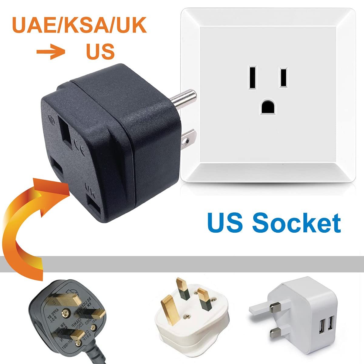 UK/KSA/UAE/Singapore to US/Canada Plug Adaptor, 3-pin UK Plug Convert to 3-pin United State/Canada Socket with Safety Shutter (1 Piece)