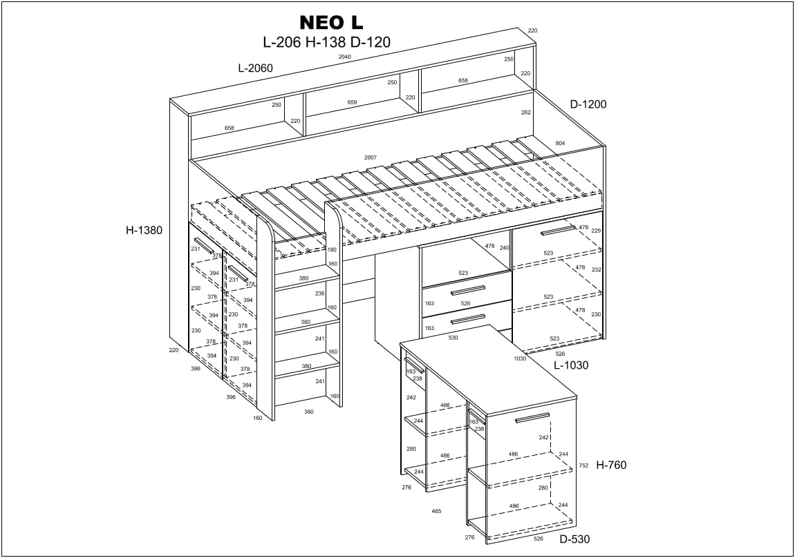 BIM Furniture NEO L Children's Furniture Bunk Bed Set Children's Bedroom Furniture One Bed with Desk, Shelves, Drawers: Left Side (White/Lavender)