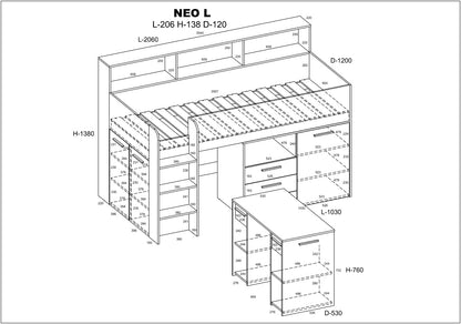 BIM Furniture NEO L Children's Furniture Bunk Bed Set Children's Bedroom Furniture One Bed with Desk, Shelves, Drawers: Left Side (White/Lavender)