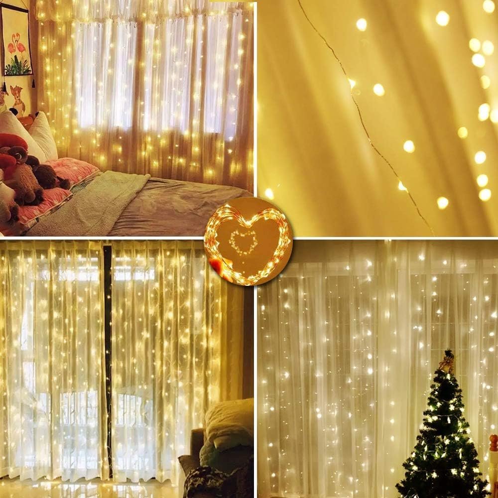 2025 New Fairy Curtain Lights for Bedroom 300 LED, Jezoll Christmas String Lights USB Plug in 8 Modes Wall Hanging Twinkle with Remote Control for Wedding Party Backdrop Decor Warm White (9.8x9.8FT)