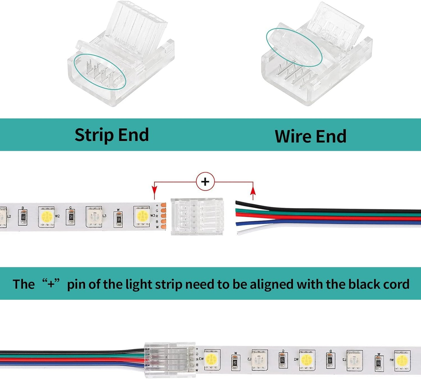 HOMELYLIFE 5 Pin LED Strip Connectors 12mm Solderless 10 Pcs with 16.4ft Extension Cable 5 Conductor for Waterproof or Non-Waterproof 12mm Wide RGBW RGBWW LED Strip Lights