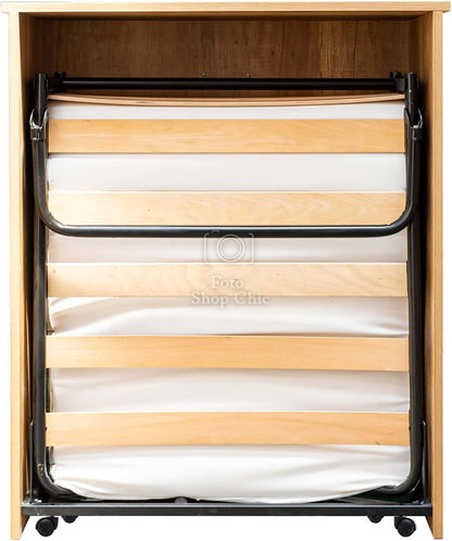 LE CHIC ARREDAMENTI Concealed Single Bed Cabinet, High Density Mattress H 10 cm, Includes Orthopaedic Slatted Base, Roll-In Structure with Wheels, Tobacco Oak Finish