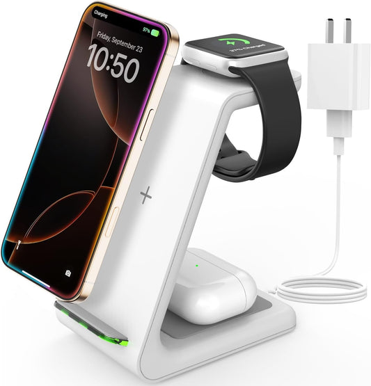 Wireless Charger for iPhone Charging Station: 3 in 1 Phone Charger Stand for iPhone 16/15/14/13/12/11/SE/X Pro Max Plus - Apple Watch 10/9/Ultra 2/8/SE/7/6/5 - AirPods 4/Pro 2/3