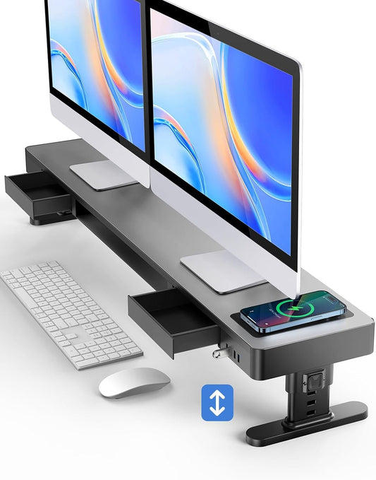 meatanty Dual Monitor Stand with 4 Adjustable Heights, Auto Phone Charging Pad, 4 USB Ports, Computer Riser with Drawers Storage, Metal Double Desk Organizer Lifter Raiser for 2 Monitors Screen
