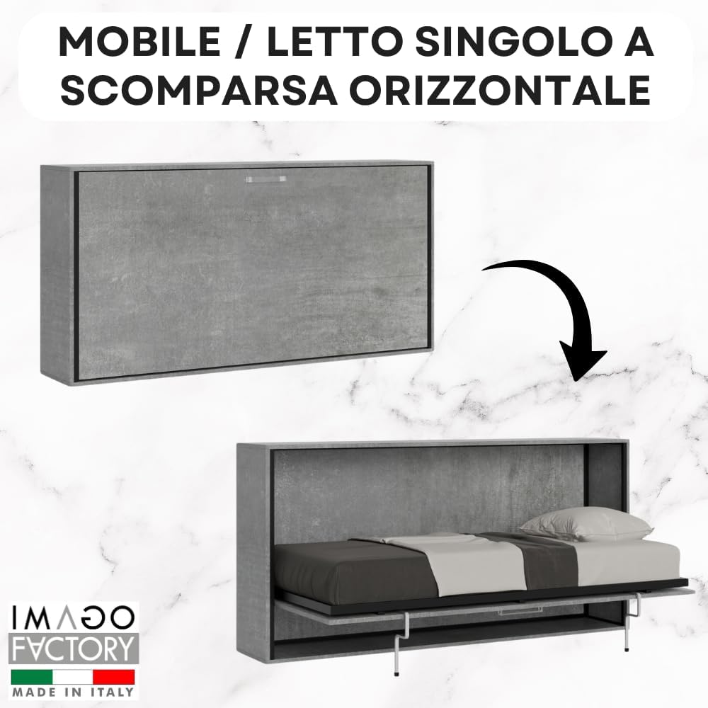 IMAGO FACTORY Kendo Single – Folding Single Bed (L.200 P.106 H.97) Horizontal Fold-Out Bed 100% Made in Italy, Concealed Beds (Mattress, Concrete)