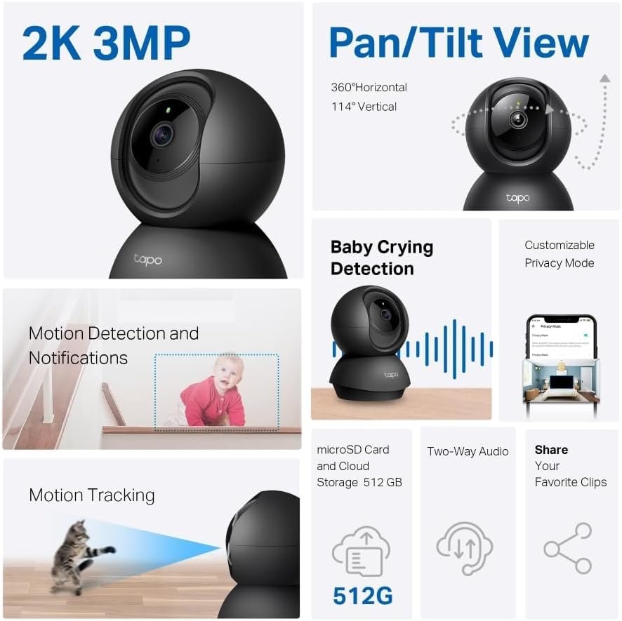 TP-Link Tapo Pan/Tilt AI Smart Home Security Wi-Fi Camera, Baby Monitor, 2K 3MP, Motion & Person Detection, Notification, Night Vision, SD Card Slot, Voice Control, No Hub Required (Tapo C211)