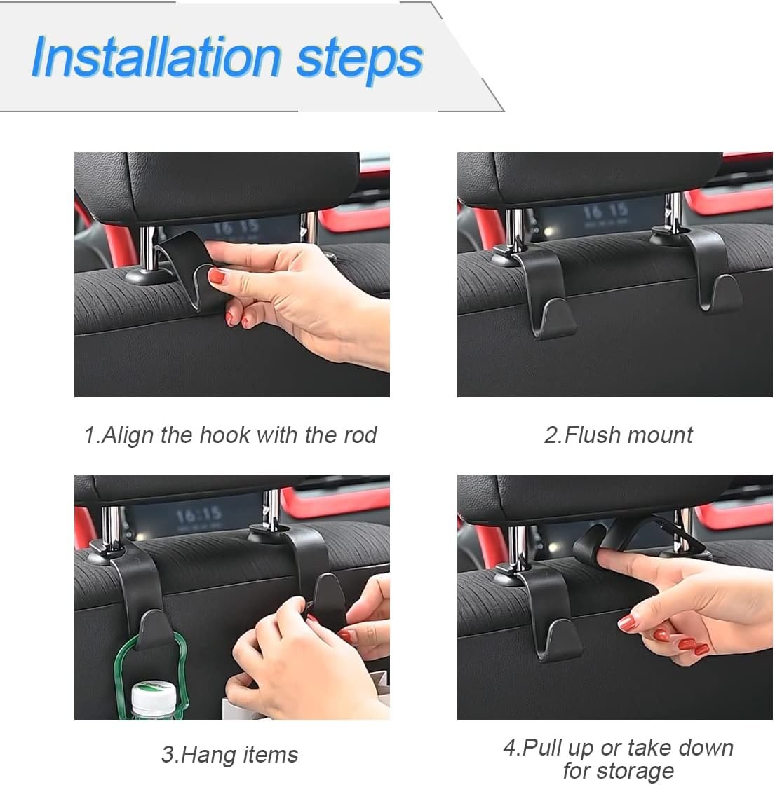 Car Headrest Hook, 4pcs Black Car Headrest Seat Hook Hidden Car Rear Seat Hanger Storage Hooks, Suitable for Hanging Handbags, Wallets Grocery Bags Cloth Kid's Toy Holder Fit Universal Car Vehicle
