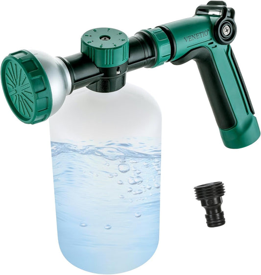 VENETIO 8-Dial Hose-End Sprayer for Liquid Fertilizer & Chemicals | Multi-Purpose Lawn & Garden Nozzle Spreader for Uniform Fertilizing, Pet Washing and Outdoor House Cleaning, 1000ml Dispenser Bottle