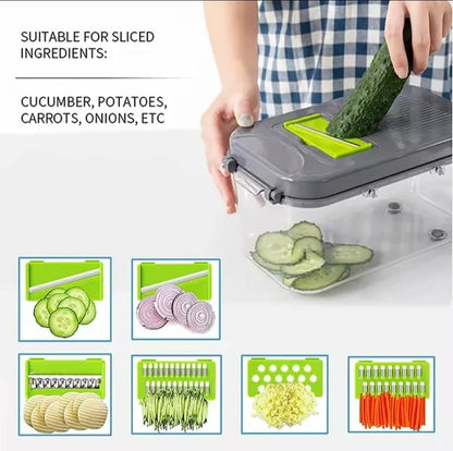 Supreme Kitchen 22 in 1 Multifunctional Veggie Chopper with Storage Container, Finger Protector, Cleaning Brush, Drain Strainer Green and Grey