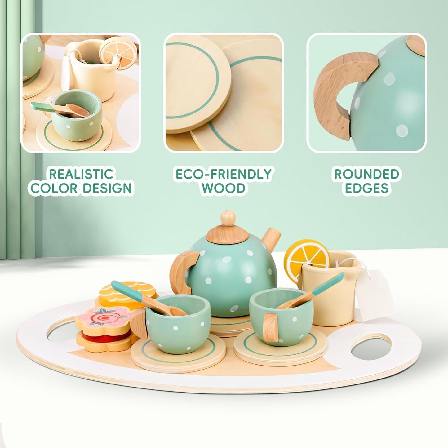 Wooden Tea Party Toys for Little Girls, Montessori Tea Time Pretend Play Toy for Kids Kitchen Sets Wooden Toys for 3 4 5 Year Old Girl Birthday Gift