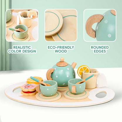 Wooden Tea Party Toys for Little Girls, Montessori Tea Time Pretend Play Toy for Kids Kitchen Sets Wooden Toys for 3 4 5 Year Old Girl Birthday Gift