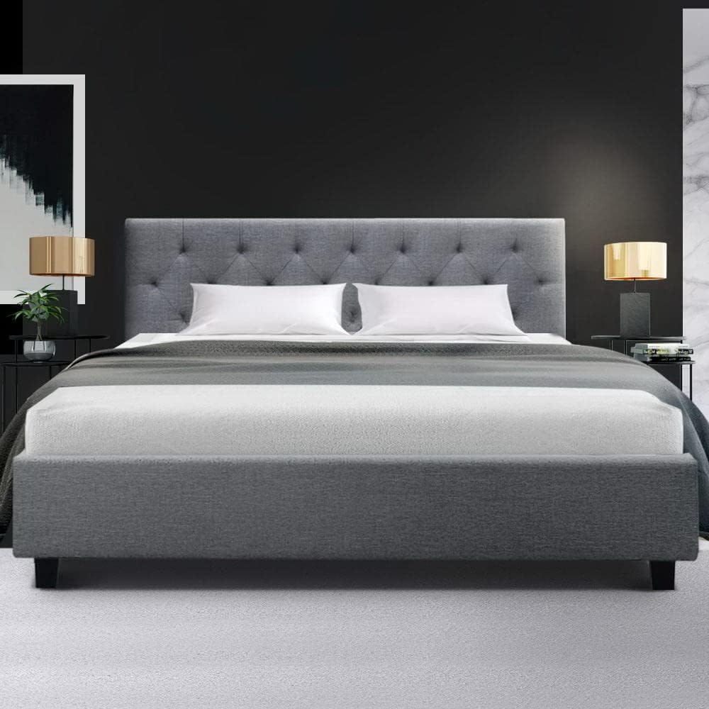 Artiss Queen Bed Frame Platform Tufted Headboard Wooden Frames Beds Base Bedroom Room Decor Home Furniture, Upholstered with Grey Faux Linen Fabric + Foam + Wood, Modern Design