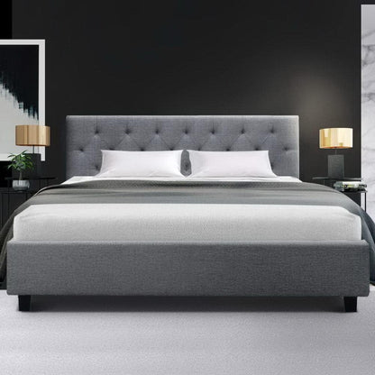Artiss Queen Bed Frame Platform Tufted Headboard Wooden Frames Beds Base Bedroom Room Decor Home Furniture, Upholstered with Grey Faux Linen Fabric + Foam + Wood, Modern Design
