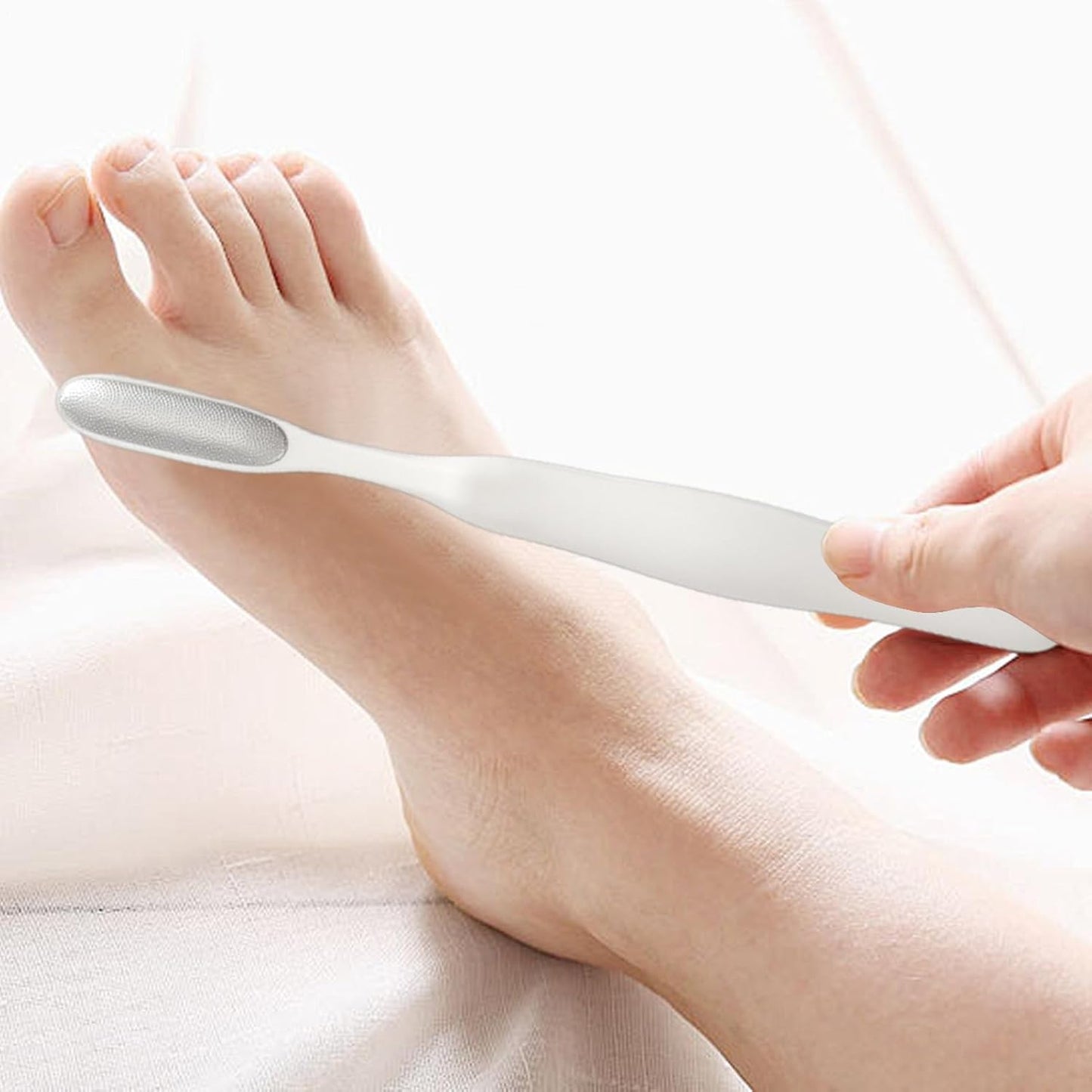 Foot File, Callus Remover, Reusable Stainless Steel, Cracked Skin Tool, Built-In Toe Cleaning Brush for Home or Salon Pedicure Care Routine, 7.4x0.7 Inches White 1 Piece