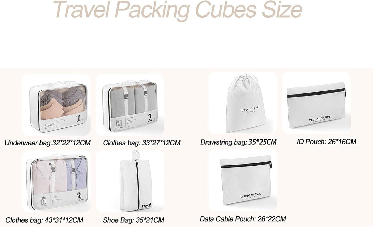 JEFEYA 7 Set Packing Cubes, Independent Digital Packing Cubes, Reusable Large Travel Packaging Bags, Waterproof Luggage Organizers Suitcase Travel Accessories (White)