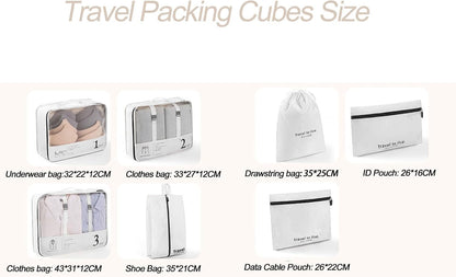 JEFEYA 7 Set Packing Cubes, Independent Digital Packing Cubes, Reusable Large Travel Packaging Bags, Waterproof Luggage Organizers Suitcase Travel Accessories (White)