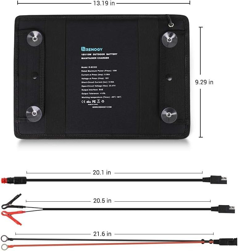 Renogy 10W 12V Portable Solar Panel Battery Maintainer Trickle Charger with Lighter Plug, Alligator Clips, and Battery Cables