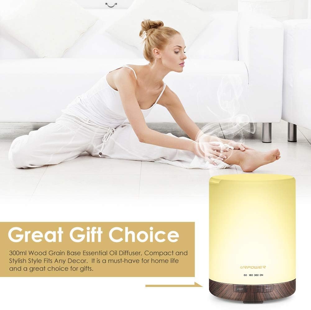 URPOWER 2nd Gen 300ml Aroma Essential Oil Diffuser Night Light Ultrasonic Air Cool Mist Humidifier with AUTO Shut Off and 6-7 Hours Continuous Diffusing and 4 Timer Settings for Home Office Yoga Spa