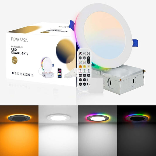 12 Pack 6 Inch Smart LED Recessed Lighting with RGB Back Light, 12W 1200LM Smart LED Recessed Lights with Junction Box, 2700K-6000K Color Changing Work with Google Assistant/Siri, Hub INCL