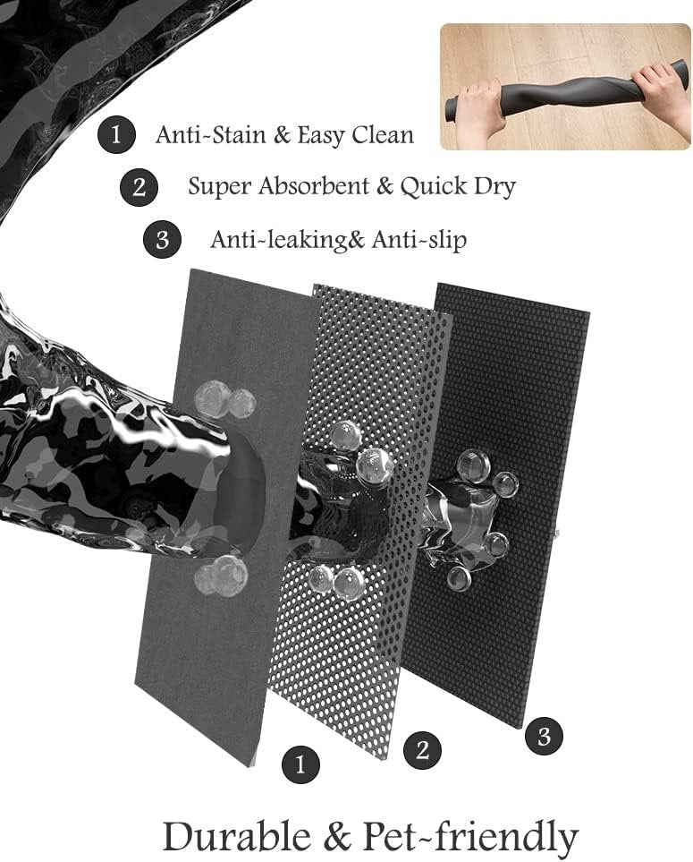 PADOOR Pet Feeding Mat - Absorbent Dog & Cat Mat for Food & Water Bowls - No Stains, Quick Dry, Anti-Leakage & Anti-Slip - Black Rubber Mat for Messy Drinkers