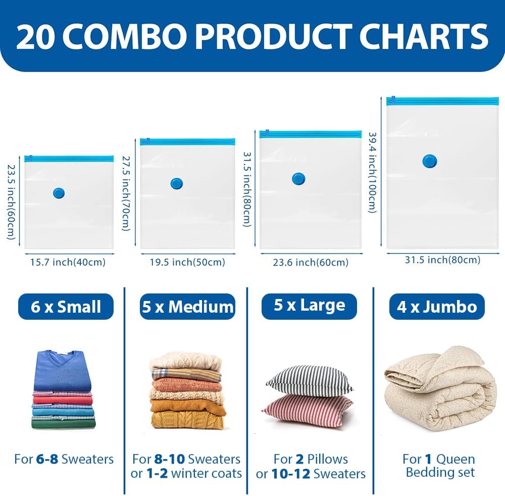 20 Pack Vacuum Storage Bags with Electric Air Pump(4 Jumbo,5 Large,5 Medium,6 Small),Multi-Size Space Saver Bags for Clothes, Pillows,Comforter,Bedding & Travel Organization,Moving Home Storage