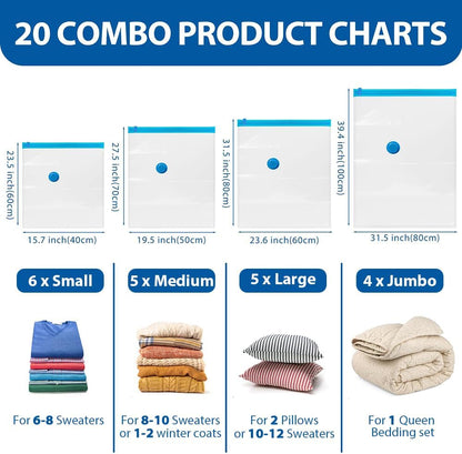 20 Pack Vacuum Storage Bags with Electric Air Pump(4 Jumbo,5 Large,5 Medium,6 Small),Multi-Size Space Saver Bags for Clothes, Pillows,Comforter,Bedding & Travel Organization,Moving Home Storage