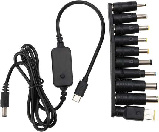 YINETTECH DC Adapter Cable Type C to DC5521 5V/9V/12V/15V/20V Adjustable Voltage DC Digital Display PD Fast Charging Cable for Optical Modem Routers Notebooks (1.2M Cable with 10 DC Converter Heads)