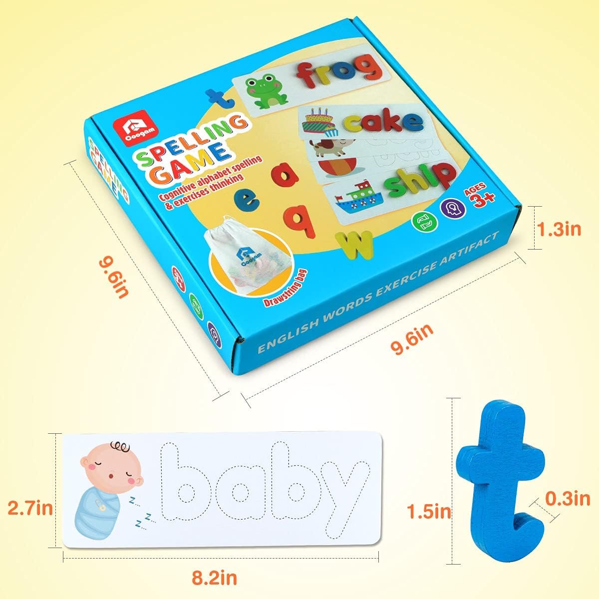 Coogam See Spelling Learning Toy Wooden ABC Alphabet Flash Cards Matching Shape Letter Games Montessori Preschool STEM Educational Toys for Toddler Kids Baby