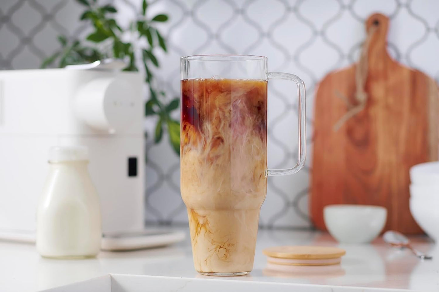 Iris Pur Luxe Glass Tumbler, Blush Pink & White Glass Straws, Lid, Handle, Travel, Drinkware, Coffee Cup, Water Bottle