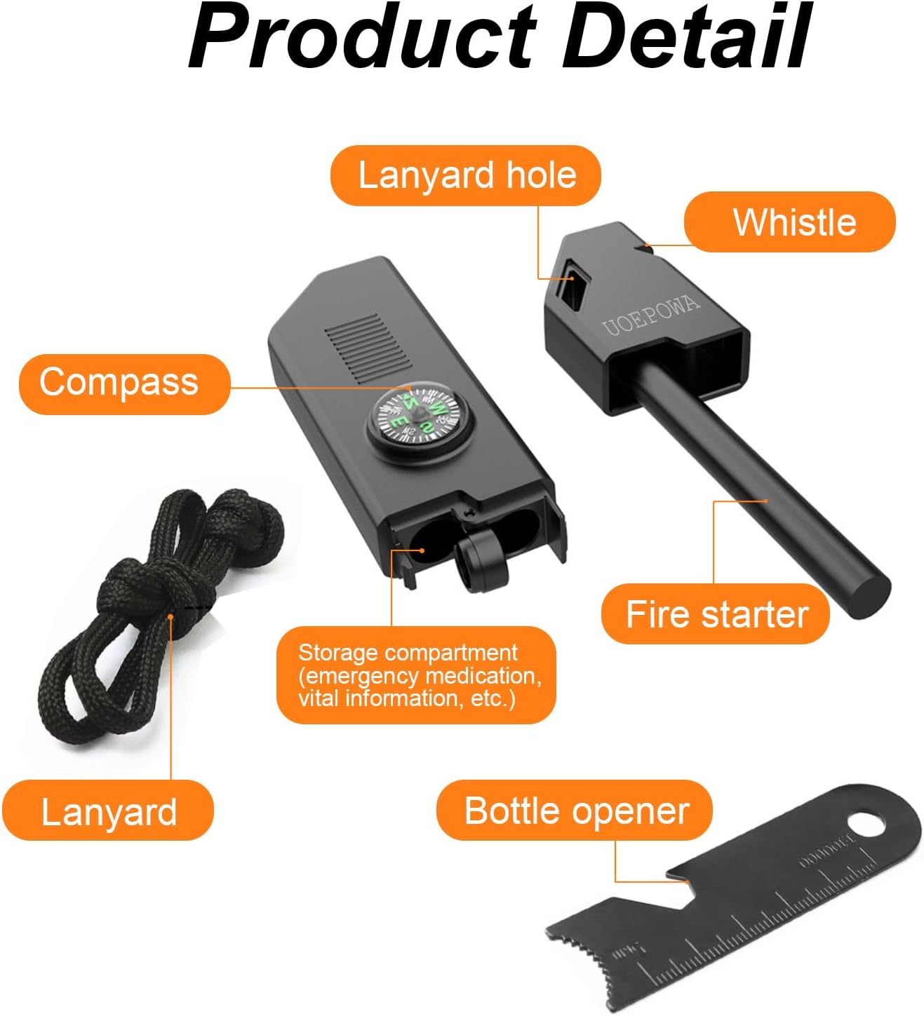 UOEPOWA Multifunctional Survival Tool, with Compass, Storage Room and Whistle - Outdoor Survival Kit, Essential Camping and Hiking Gear for Emergency Rescue