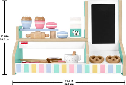 Fisher-Price Wood Pretend Play Coffee Shop & Toy Register, 20-Piece Wooden Food Playset for Preschool Kids Ages 3+ Years