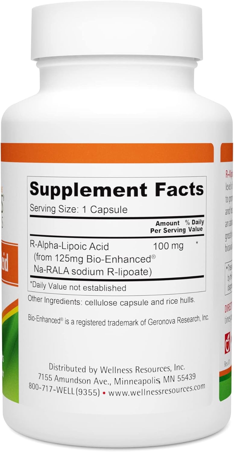 Wellness Resources R Alpha Lipoic Acid RALA Supplement - 90 Capsules - Stabilized R-Lipoic Acid with Bio-Enhanced Na-RALA for Maximum Bioavailability - R-Ala Non-GMO and Gluten Free