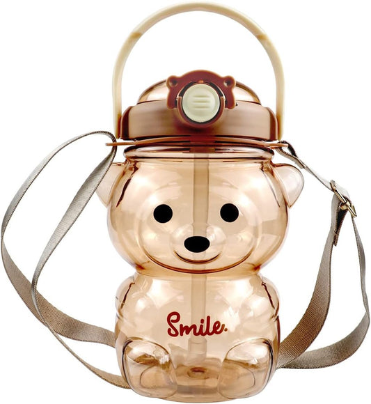 YOLUFER Kawaii Transparent Water Bottle Cute Bear Water Bottles with Straw Water Bottle with Adjustable Shoulder Strap Drinking Cups for Sports Camping Picnic Hiking Travel (35oz) (Coffee)