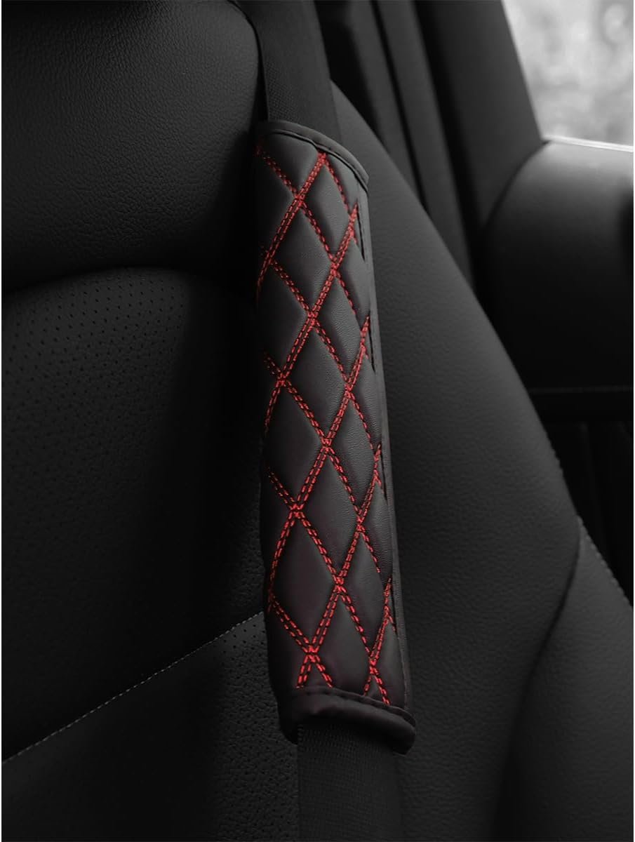 TSUGAMI Car Seat Belt Pads, 2 PCS Leather Seatbelt Covers Protect Your Neck and Shoulder & More Comfortable Driving, Harness Pad for All Cars and Backpack Straps, Car Interior Accessories (Red)