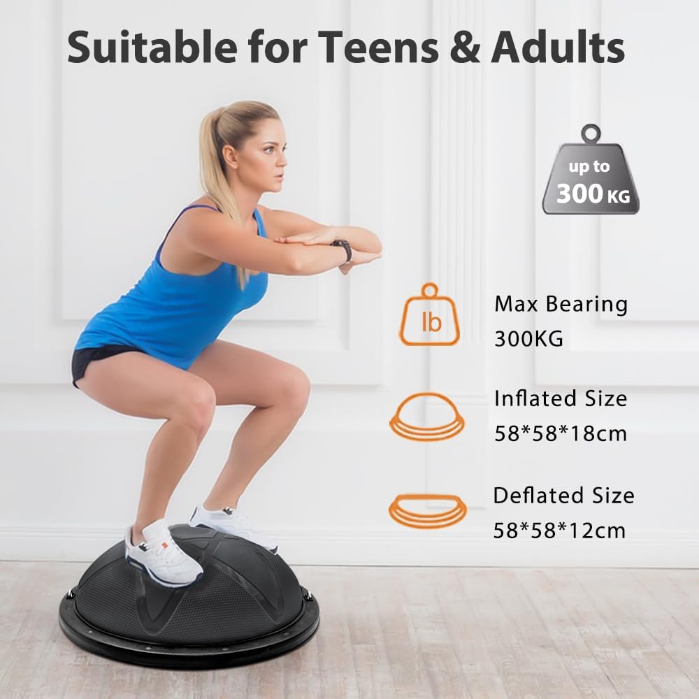 300KG Half Balance Ball Trainer,7pcs Half Exercise Balance Ball Trainer Set with 2 Resistance Bands,Yoga Ball&Foot Pump,58cm Stability Ball for Full Body Workout,Exercises,Home Gym,Physical Therapy