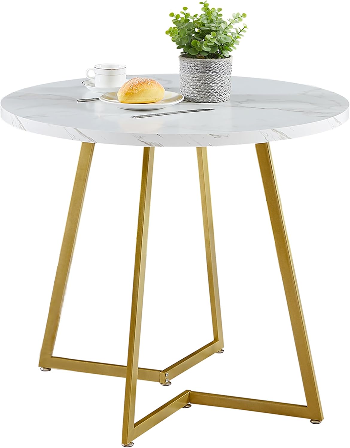VECELO Round Dining Room Table with Wood Grain Tabletop and Steel Frame, for Kitchen, Living Room, Office, Conference, 2 to 4 Person, White & Gold