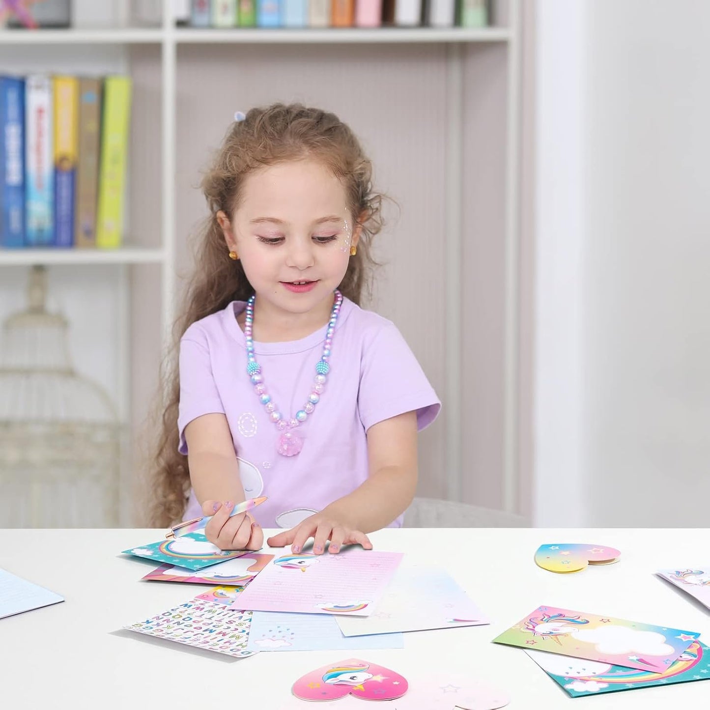 Unicorn Stationery Set - 69 PCS Letter Writing Paper Kit for Girls Kids Unicorns Gifts for Girls Stationery Writing Sheets with Envelopes Greeting Cards Stickers Ballpoint Pen