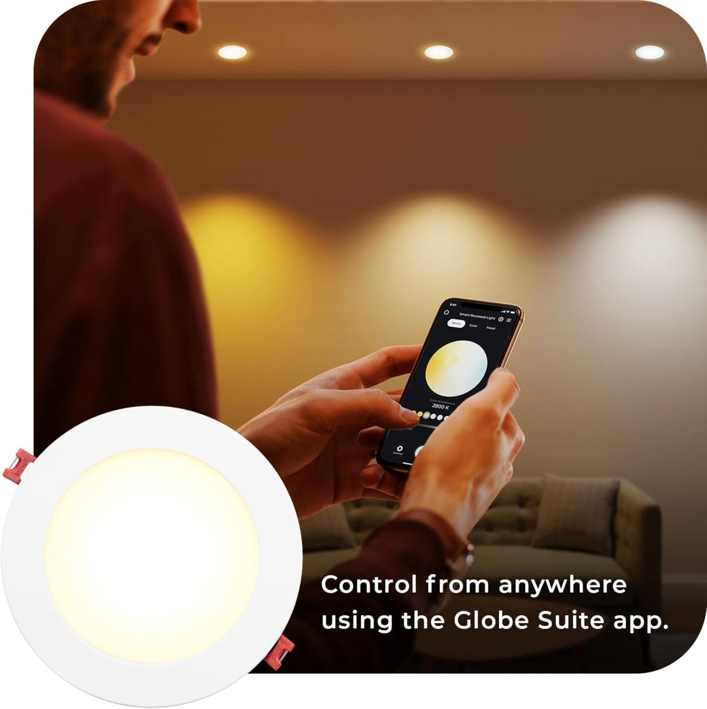 Globe Electric 50069 Wi-Fi Smart 6" Ultra Slim LED Recessed Lighting Kit 2-Pack, No Hub Required, Voice Activated, 12 W, Multicolor Changing RGB, Tunable White 2000K - 5000K, 800 Lumens, Wet Rated