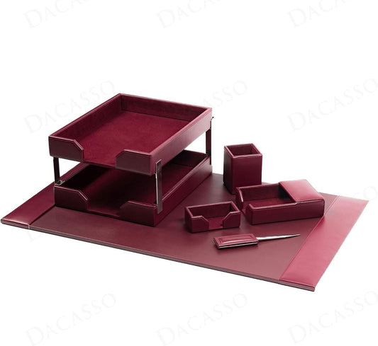 Dacasso Burgundy Bonded Leather Luxury 8-Piece Desk Accessory Set - Blotter Pad & Desk Organization Essentials - Executive Decor and Surface Protector