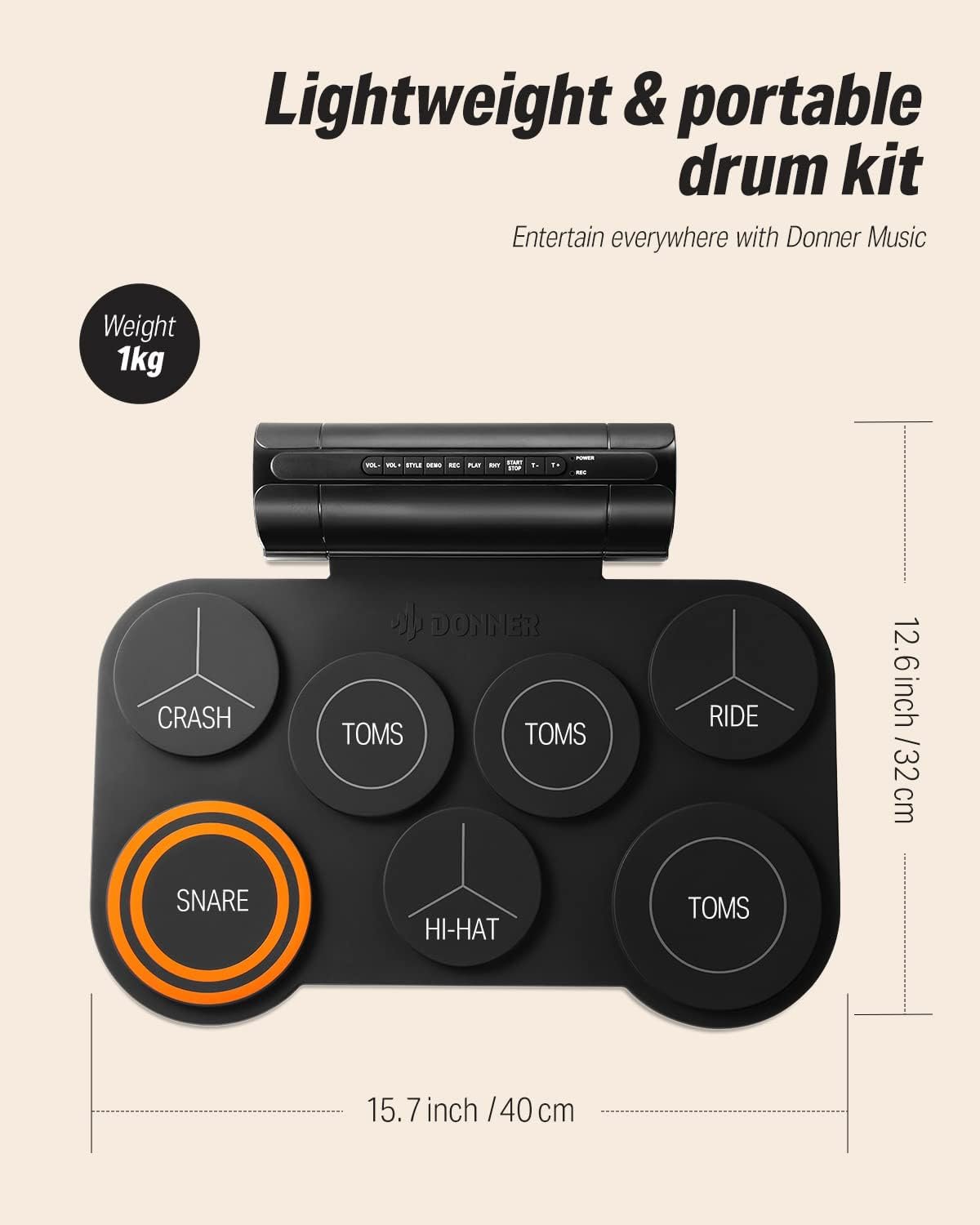 Donner Electronic Battery, 7 Pad Electric Roll-Up Battery, Silent Battery Built-in Speaker for Children/Beginners, 40 Drum Lessons Included (DED-20)