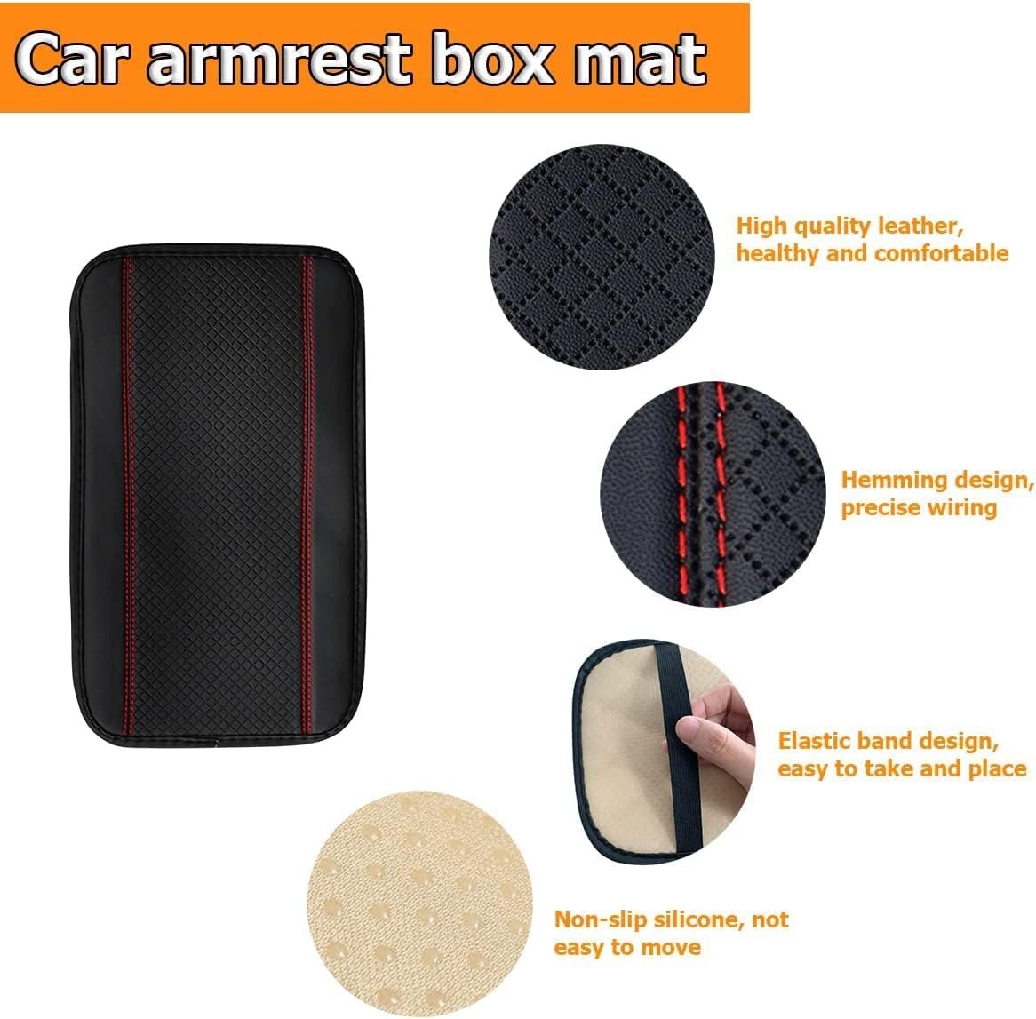 Car Armrest Storage Box Mat, Fiber Leather Car Center Console Cover, Car Armrest Seat Box Cover Accessories Interior Protection for Most Vehicle, SUV, Truck, Car (Black/Red)